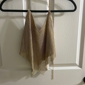Jeweled gold chain top backless halter crop top with chain neck & back straps